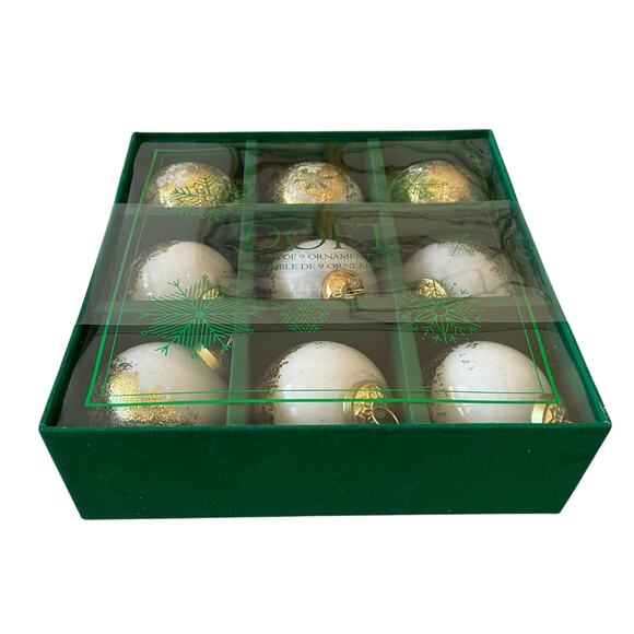 DOFT White & Gold Glass Christmas Ornaments 3in Set of 9 Holiday Glam New - Picture 9 of 16